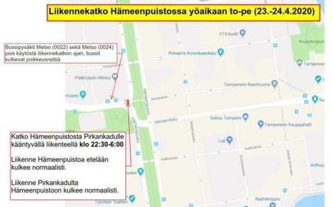 Liikennekatko Hämeenpuistossa yöllä 23.-24.4.