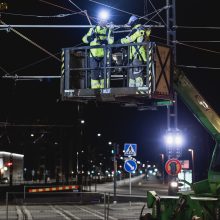 Ajojohtimien asennusta yötöinä Sammonaukiolla nostokorista käsin. Kuva Wille Nyyssönen